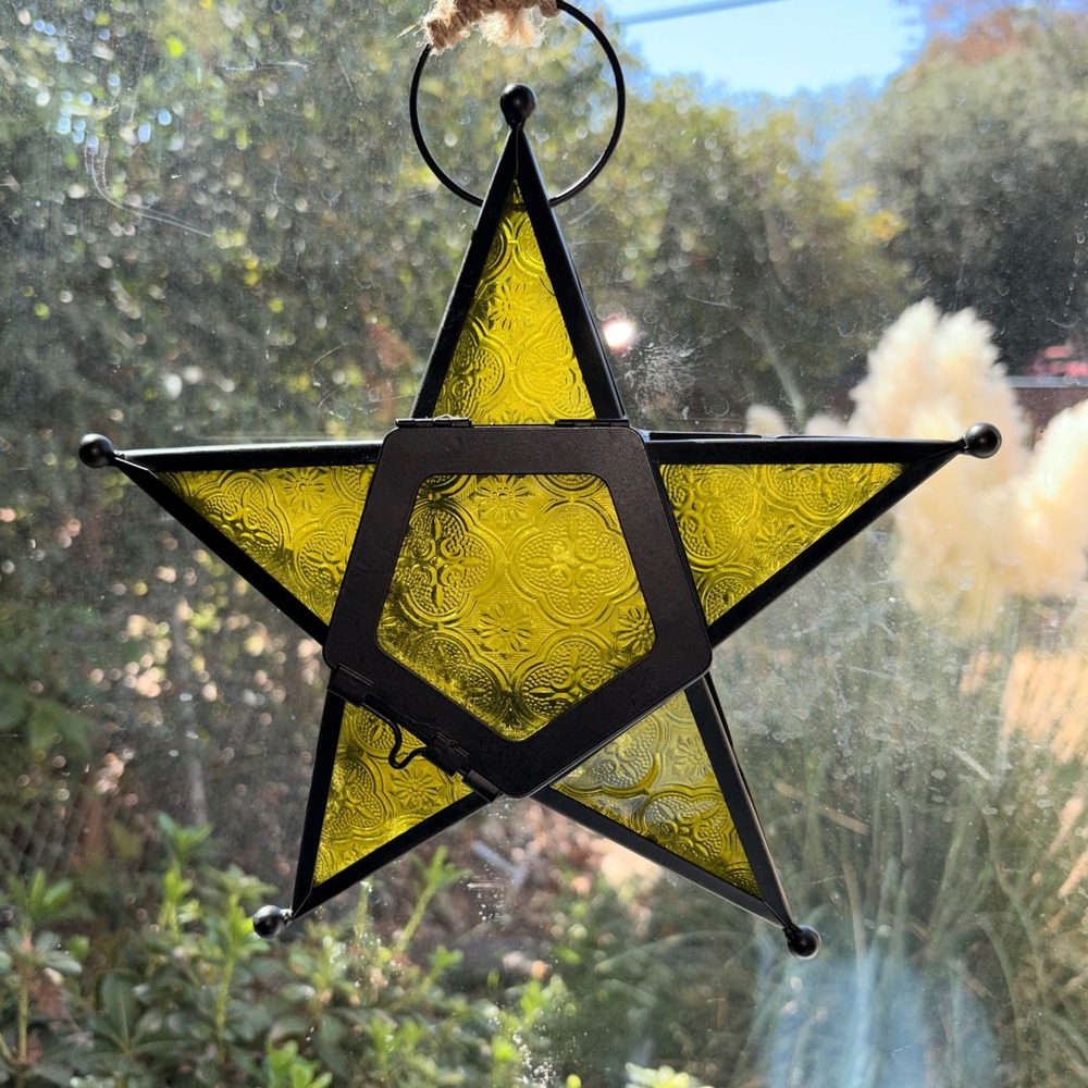 Green Embossed Glass Star Hanging Lantern Tea Light Holder Boho Decor 10"
